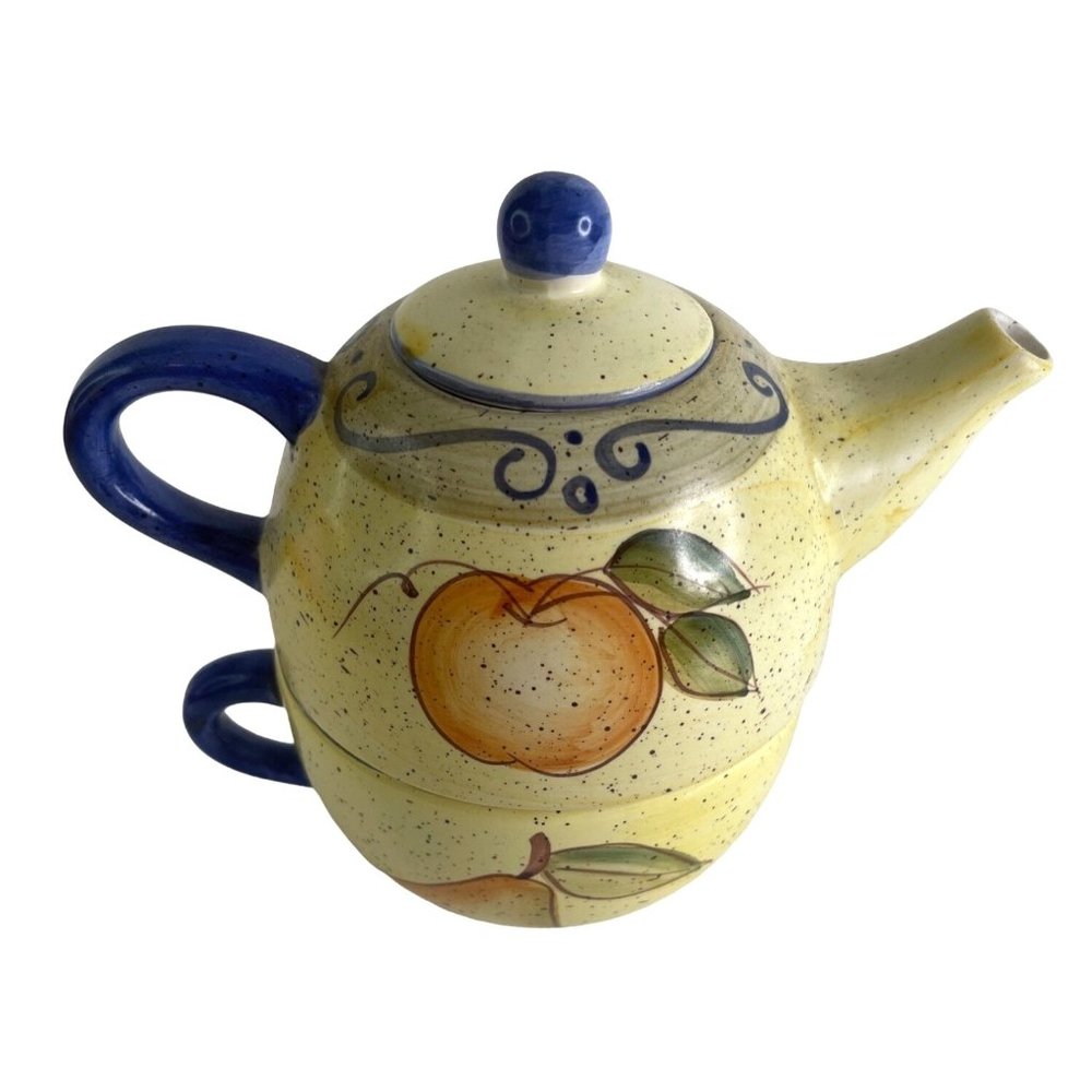 Teapot Cup Set Single Serve 2 Piece Oversize Cup Yellow Fruit Pattern 7" x 4.5"